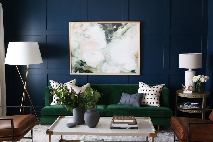 Green Couch and Blue Walls in a home Green Couch and Blue Walls in a home