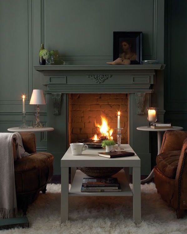 Green walls in home Green Living Room with Fireplace